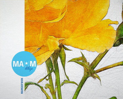 Yellow Rose Sketch Plants Art Wood Framed Print Wall Decor Gifts