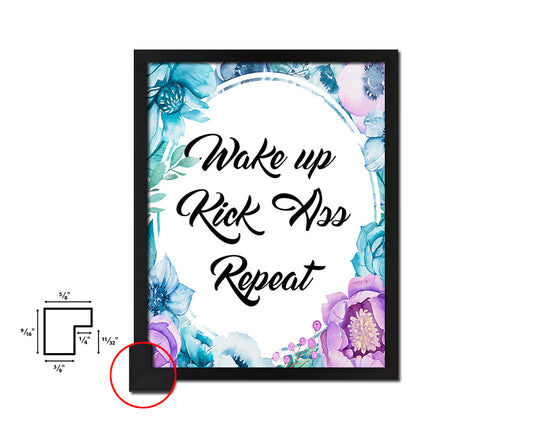 Wake up Kick ass Repeat Quote Boho Flower Framed Print Wall Decor Art
