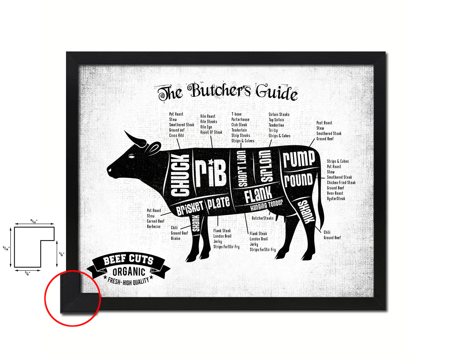 Beef  Meat Cow Cuts Butchers Chart Wood Framed Paper Print Home Decor Wall Art Gifts