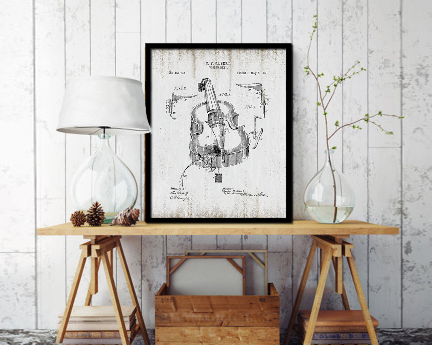 Violin Rest Music Vintage Patent Artwork Black Frame Print Wall Art Decor Gifts