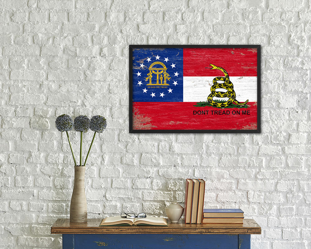 Gadsden Don't Tread On Me Georgia State Shabby Chic Military Flag Framed Print Art