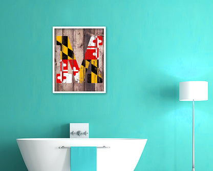Maryland State Initial Flag Wood Framed Paper Print Decor Wall Art Gifts, Wood