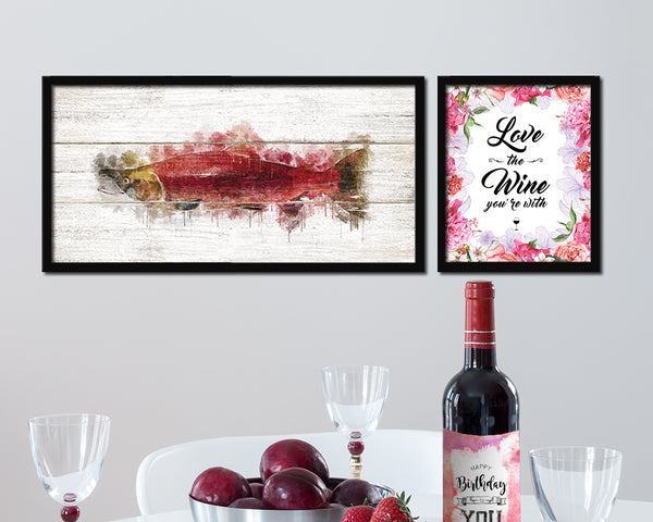 Hony Sockey Salmon Fish Art Wood Framed White Wash Restaurant Sushi Wall Decor Gifts, 10" x 20"
