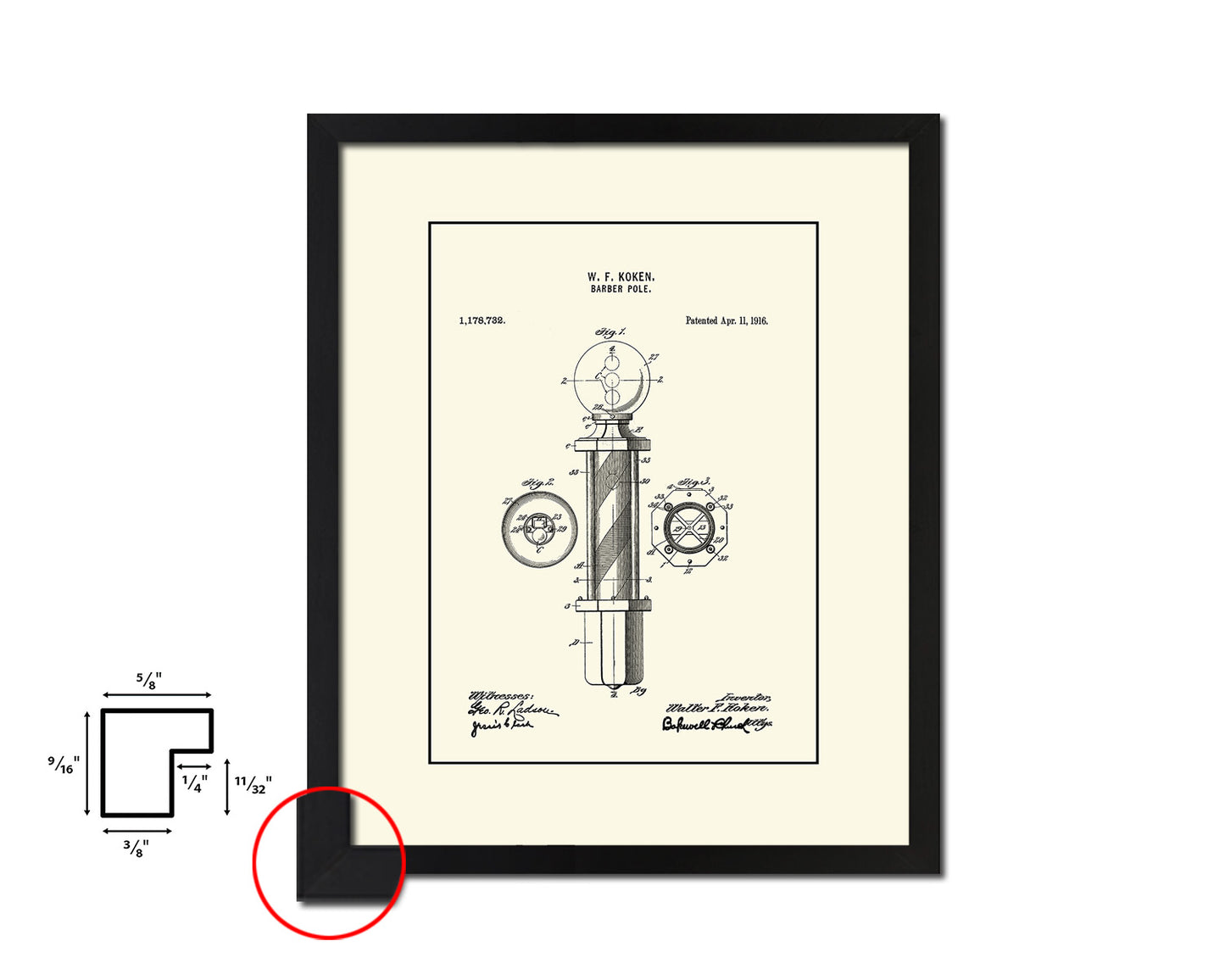 Barber's Pole Barbershop Vintage Patent Artwork Black Frame Print Wall Art Decor Gifts