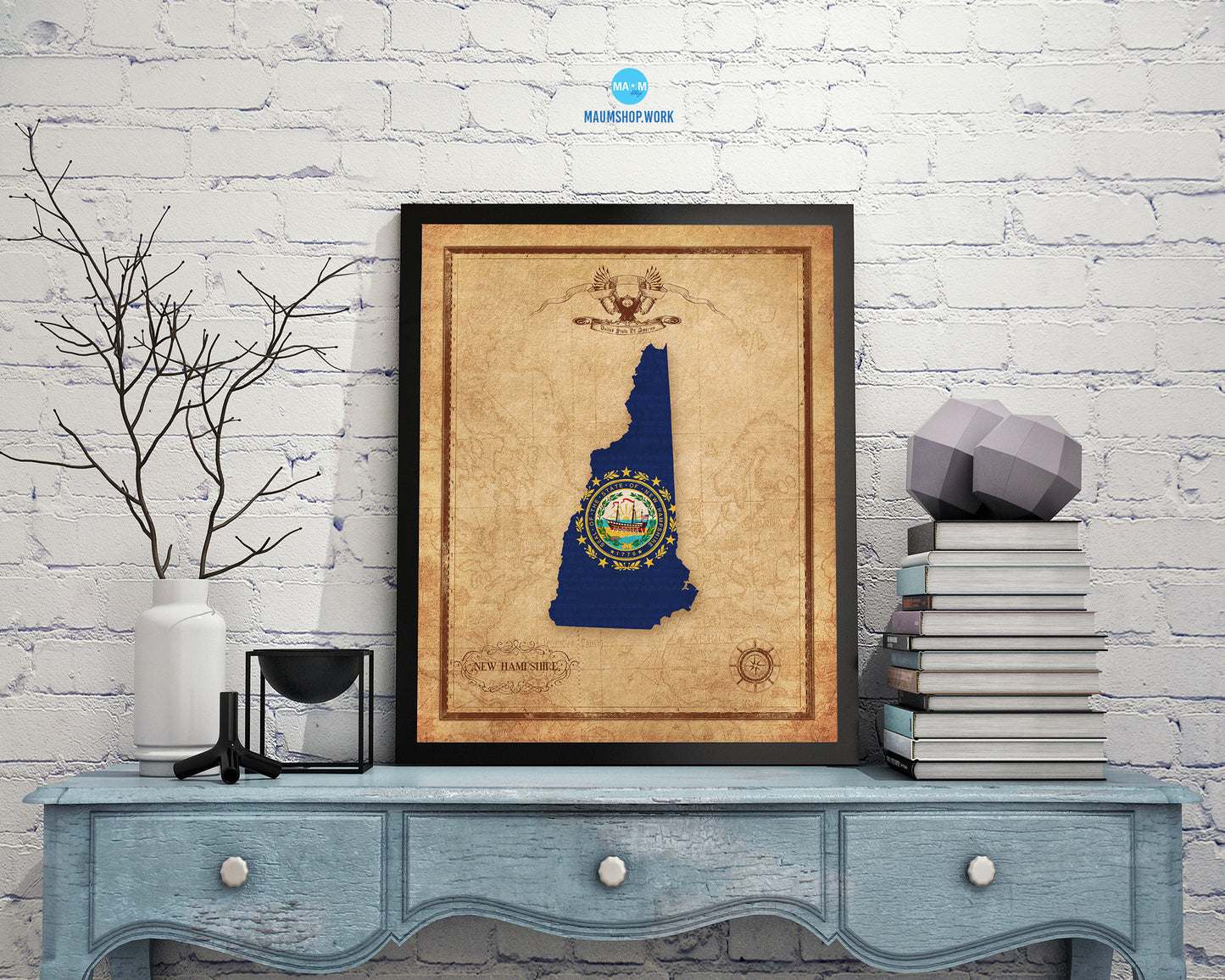 New Hampshire State Vintage Map Wood Framed Paper Print  Wall Art Decor Gifts