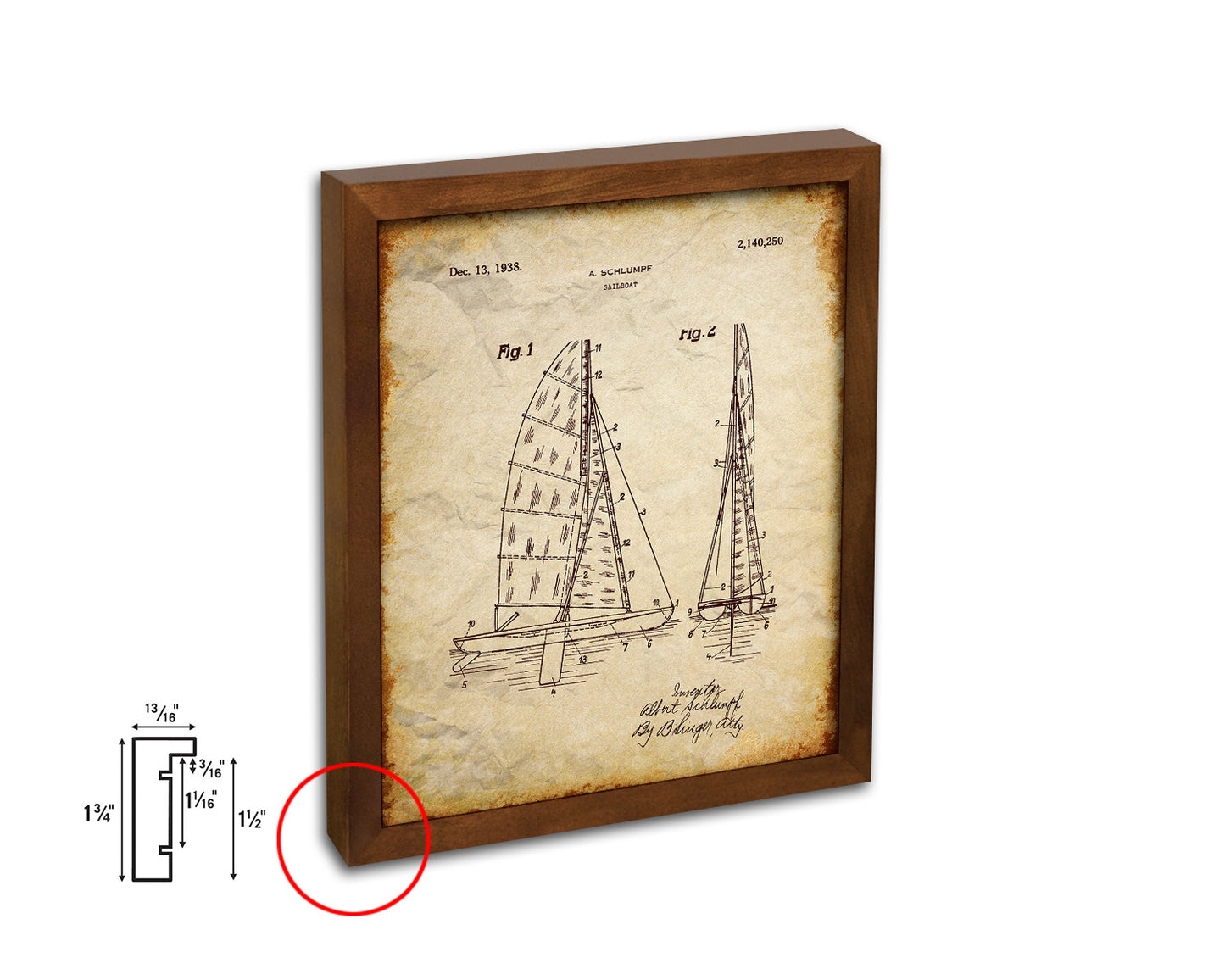 Sailboat Nautical Vintage Patent Artwork Walnut Frame Gifts