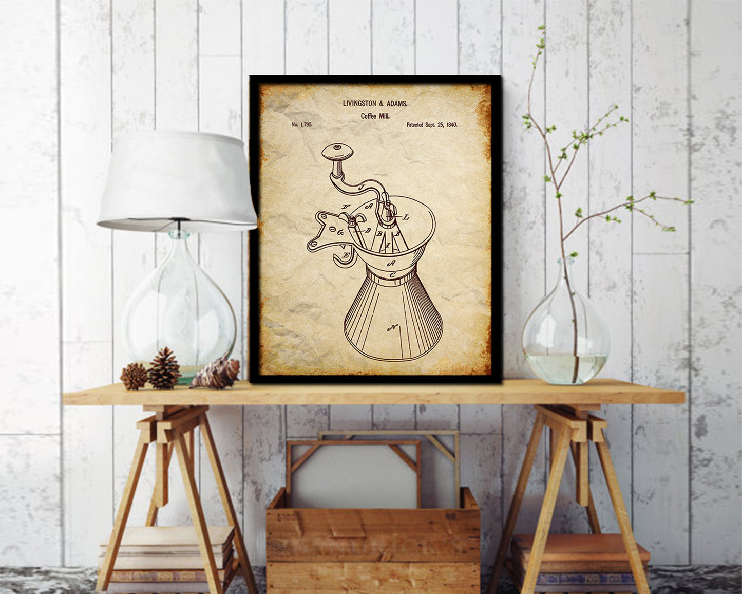 Mill Coffee Vintage Patent Artwork Walnut Frame Print Wall Art Decor Gifts