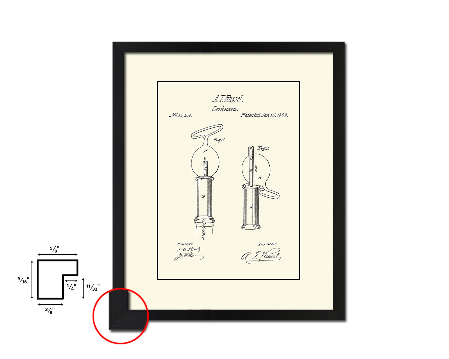 Corkscrew Wine Vintage Patent Artwork Black Frame Print Gifts