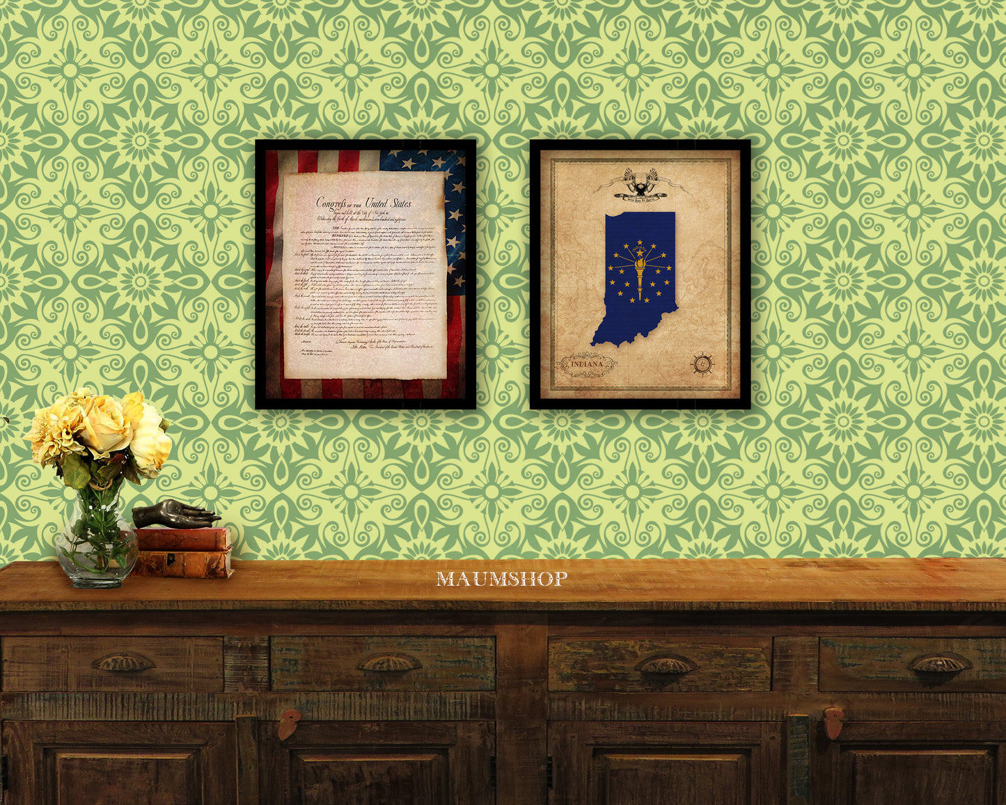 Indiana State Vintage Map Wood Framed Paper Print  Wall Art Decor Gifts