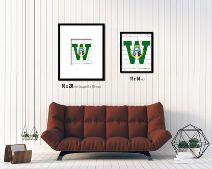 Washington State Initial Flag Wood Framed Paper Print Decor Wall Art Gifts, Brick