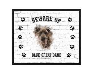 Beware of Blue Great Dane Sign Wood Framed Print Wall Art Decor Gifts