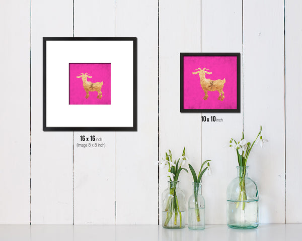 Ram Chinese Zodiac Character Wood Framed Print Wall Art Decor Gifts, Pink