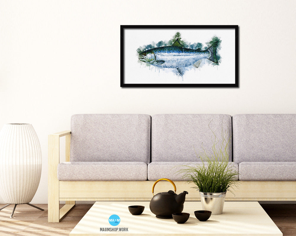 Salmon Fish Art Wood Frame Modern Restaurant Sushi Wall Decor Gifts, 10" x 20"