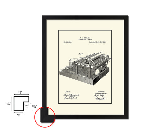 Type Writing Machine Tools Vintage Patent Artwork Black Frame Print Gifts