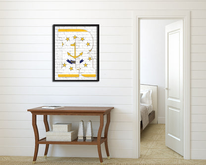 Rhode Island State Initial Flag Wood Framed Paper Print Decor Wall Art Gifts, Brick