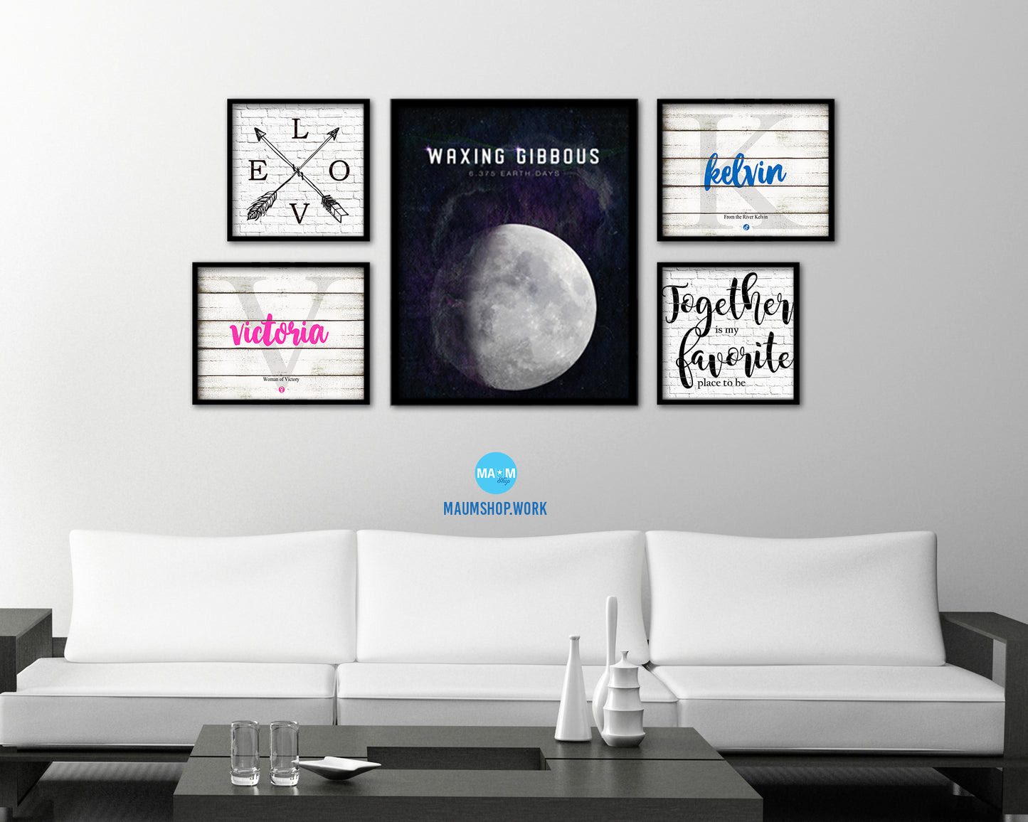 Waxing Gibbous Lunar Phases Length of Year Moon Watercolor Nursery Framed Prints Wall Art Gift