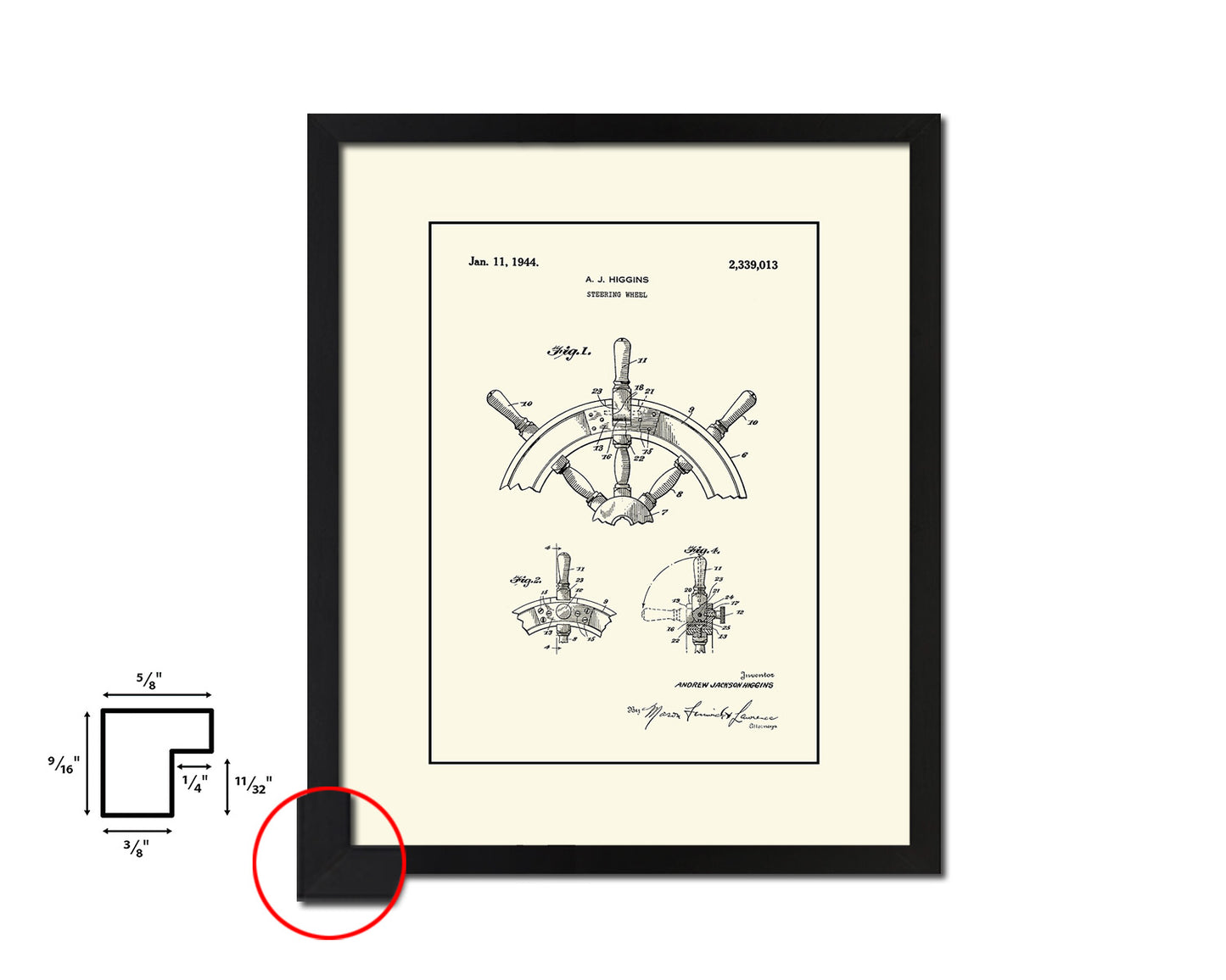 Steering Wheel Nautical Vintage Patent Artwork Black Frame Print Gifts