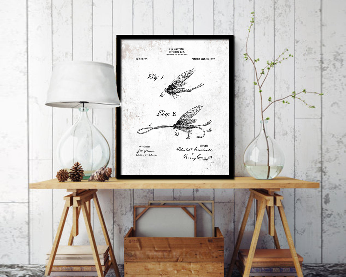 Artificial Bait Fishing Vintage Patent Artwork Black Frame Print Wall Art Decor Gifts
