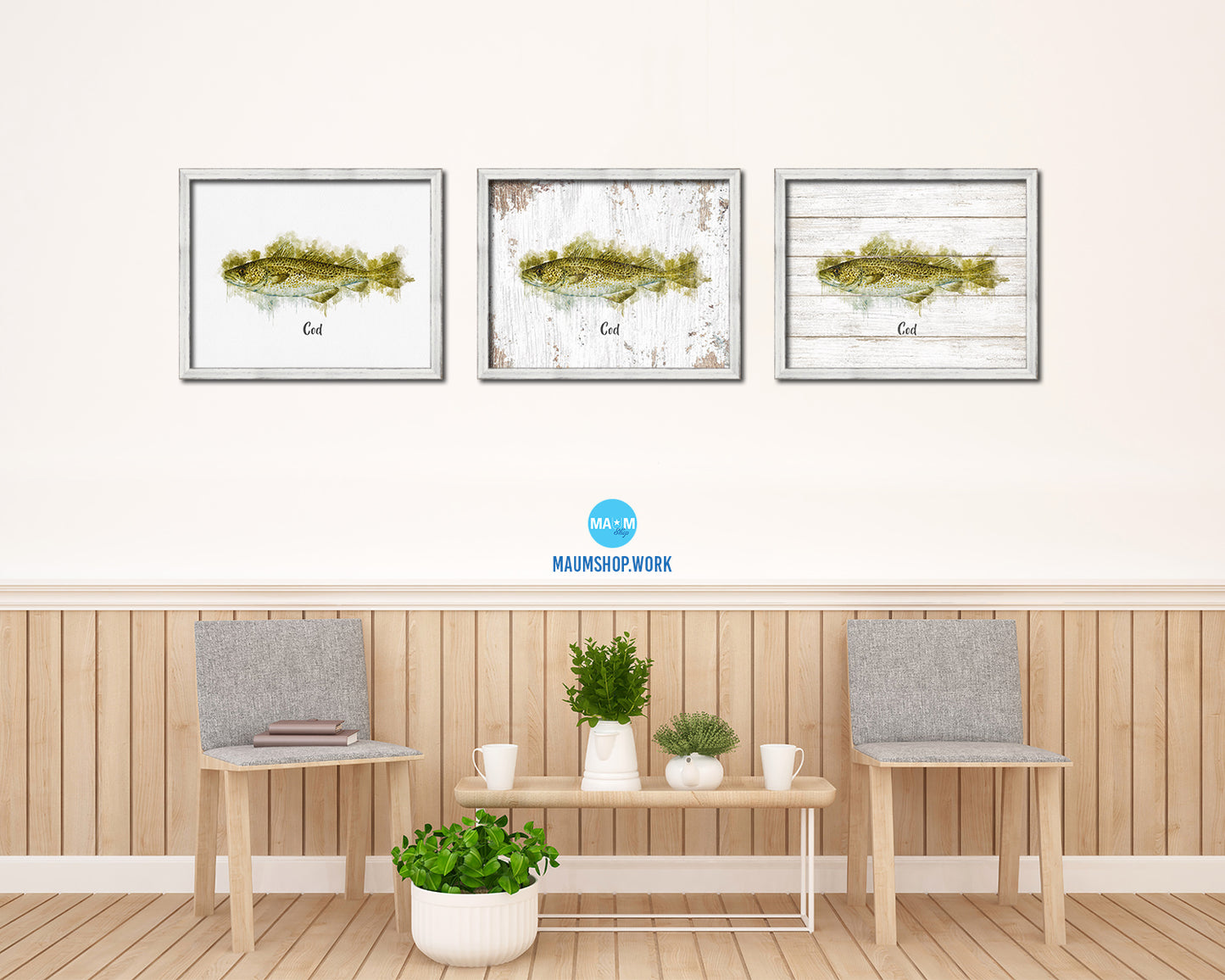 Cod Fish Framed Prints Modern Restaurant Sushi Bar Watercolor Wall Art Decor