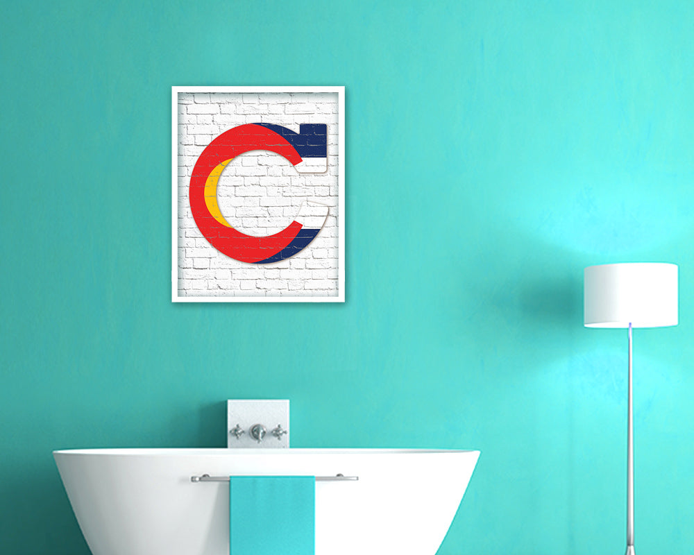 Colorado State Initial Flag Wood Framed Paper Print Decor Wall Art Gifts, Brick