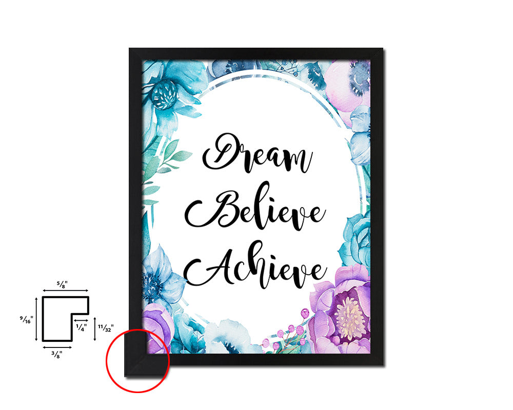 Dream Believe Achieve Quote Boho Flower Framed Print Wall Decor Art