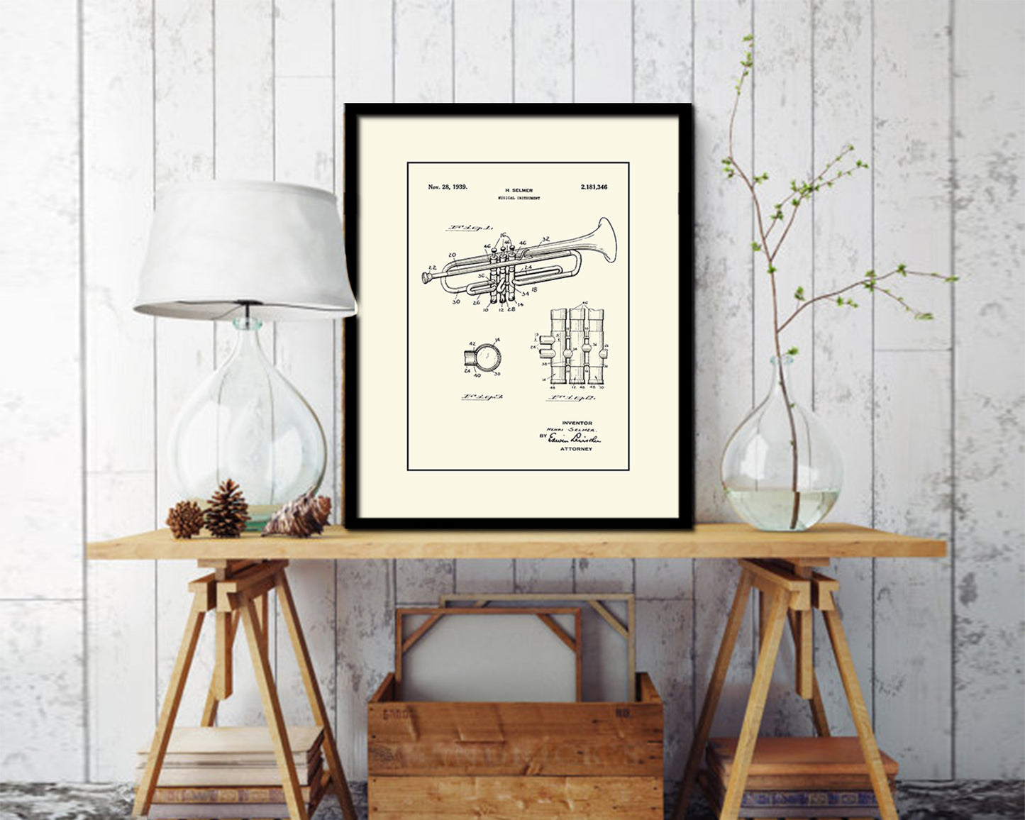 Trumpet Musical Instrument Music Vintage Patent Artwork Black Frame Print Gifts
