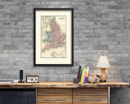England and Wales Britain Old Map Wood Framed Print Art Wall Decor Gifts