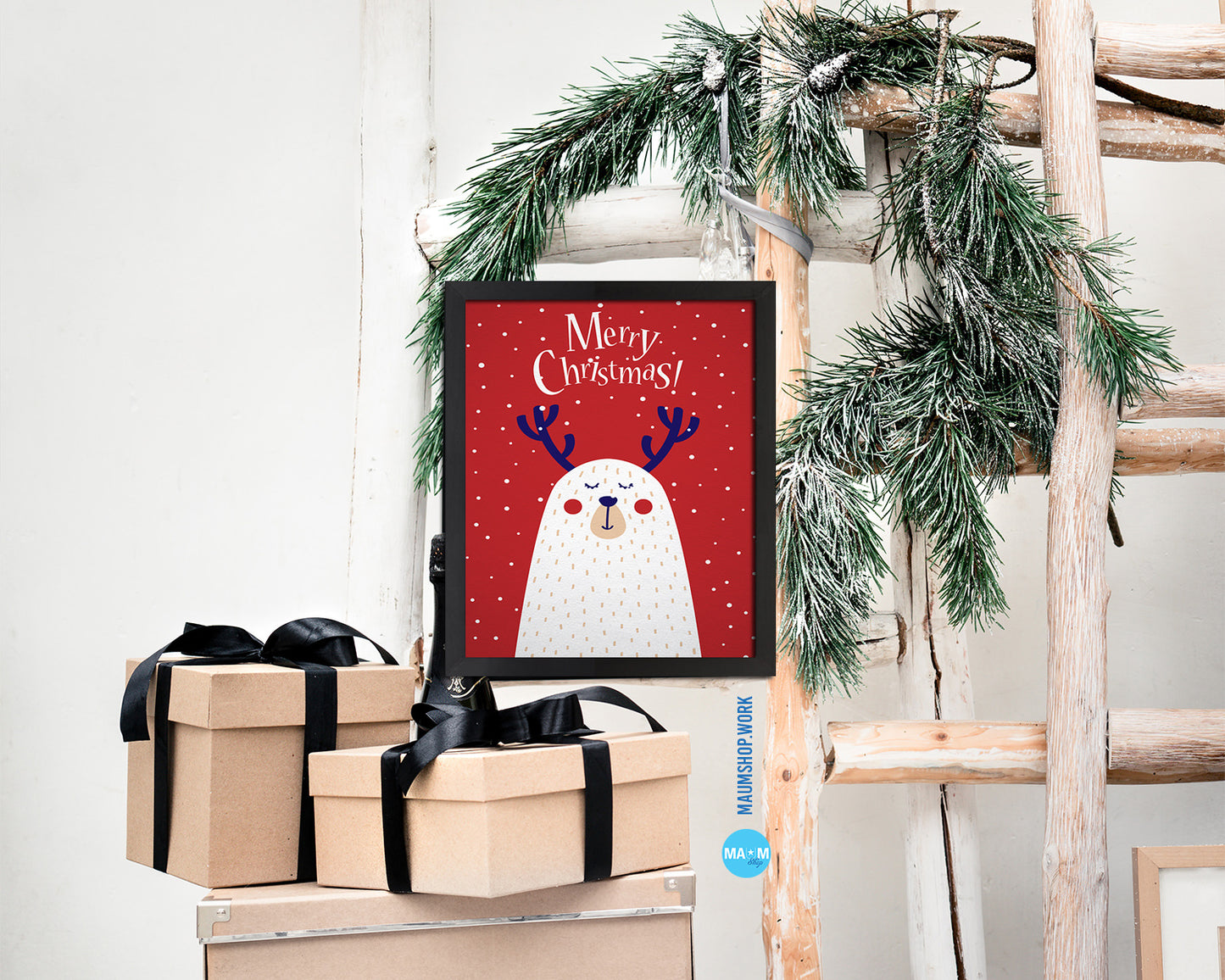 Merry Christmas-Deer Holiday Season Gifts Wood Framed Print Home Decor Wall Art