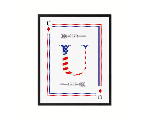 Letter U Custom Monogram Decks Diamond American Flag Framed Print Wall Art Decor Gifts