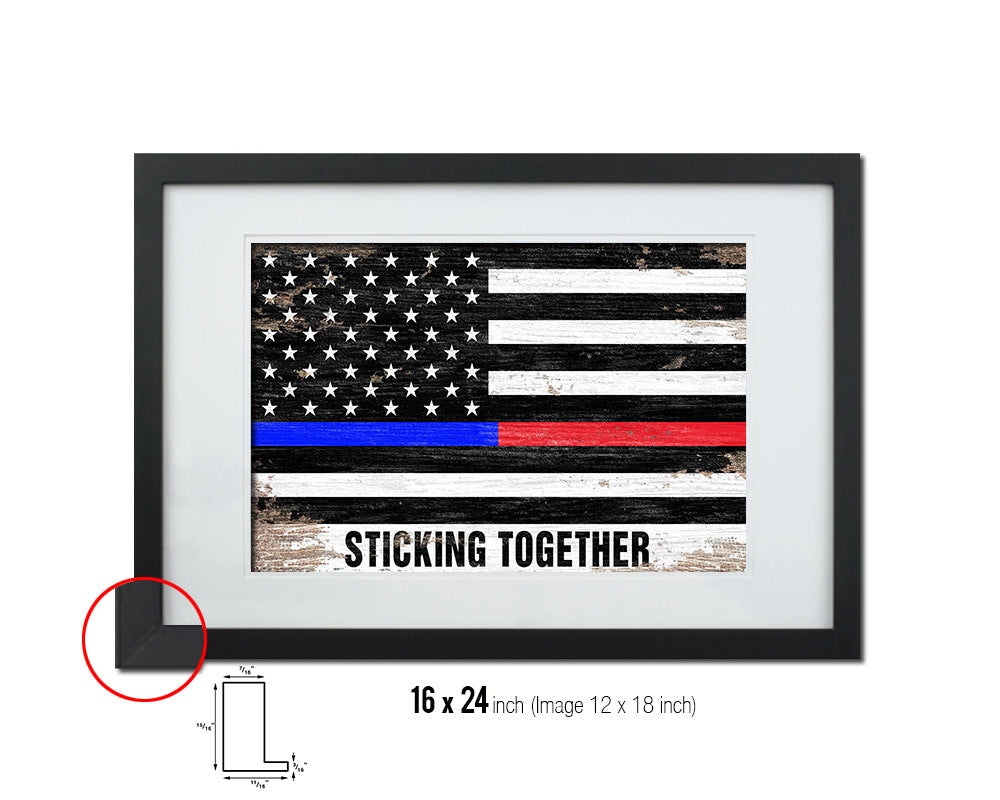Thin Blue Line Police & Thin Red Line Firefighter Respect, Sticking Together Shabby Chic Military FlagArt