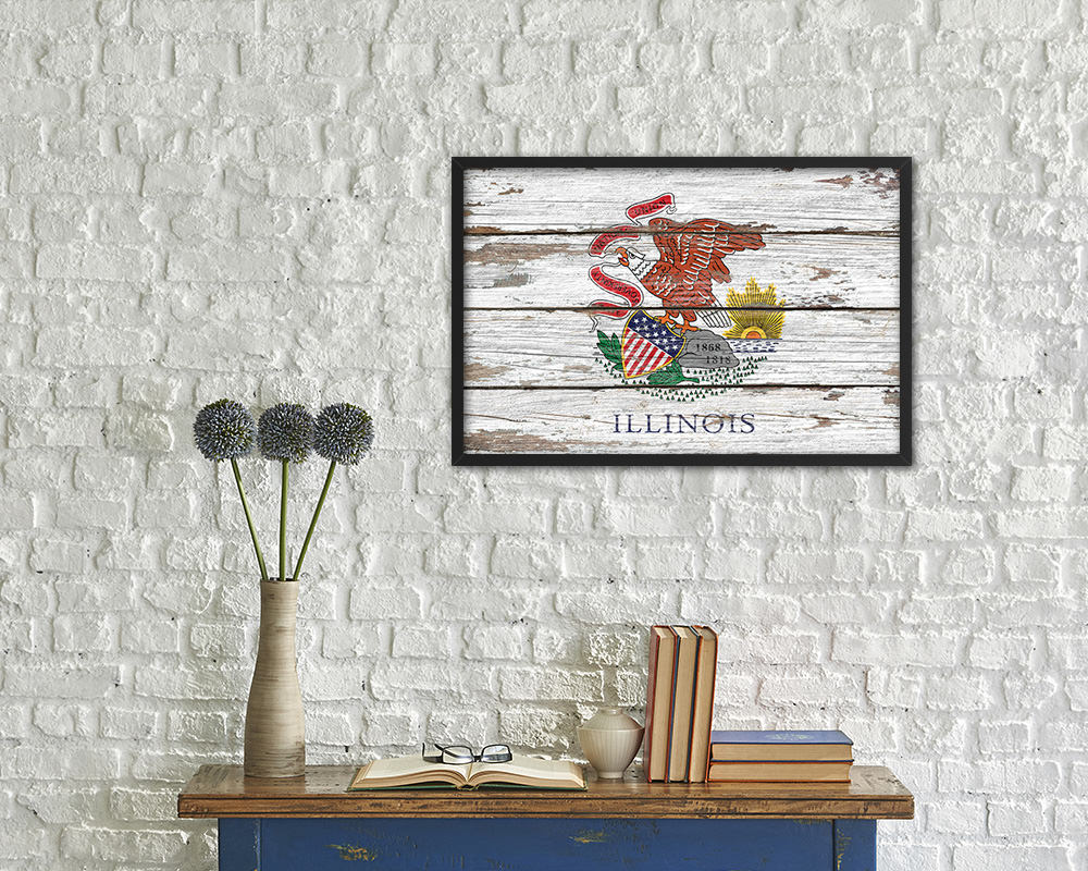 Illinois State Rustic Flag Wood Framed Paper Prints Wall Art Decor Gifts