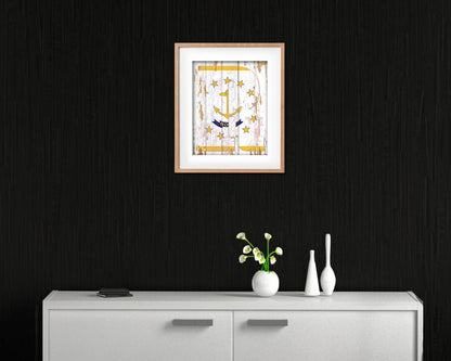 Rhode Island State Initial Flag Wood Framed Paper Print Decor Wall Art Gifts, Beach