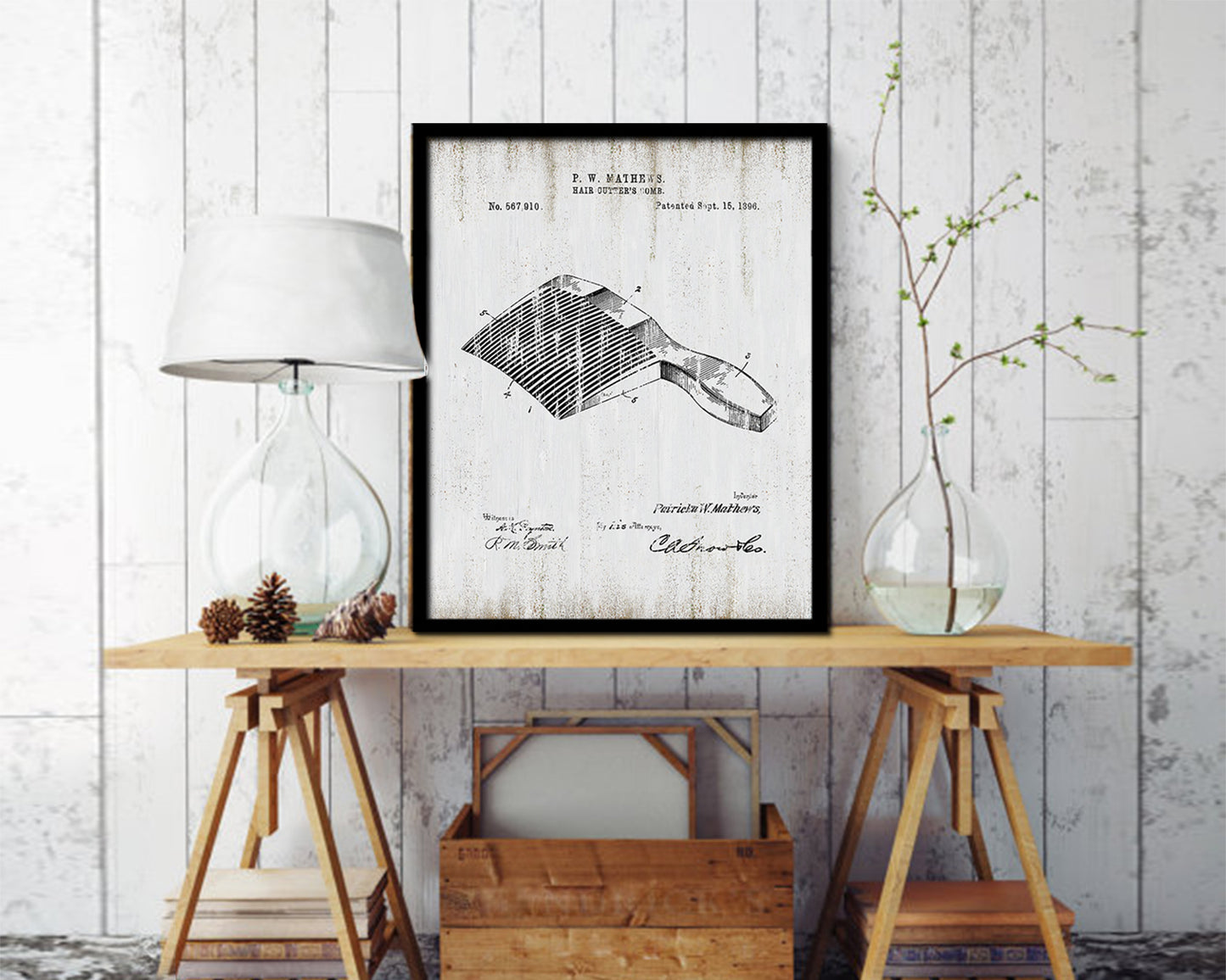 Hair Cutter's Comb Barbershop Vintage Patent Artwork Black Frame Print Wall Art Decor Gifts