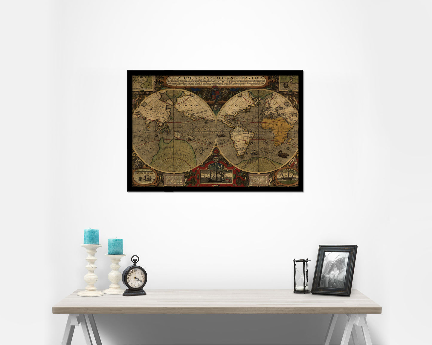Vera Totius Expeditionis Nautica Double Hemisphere World Historical Map Framed Print Art Gifts