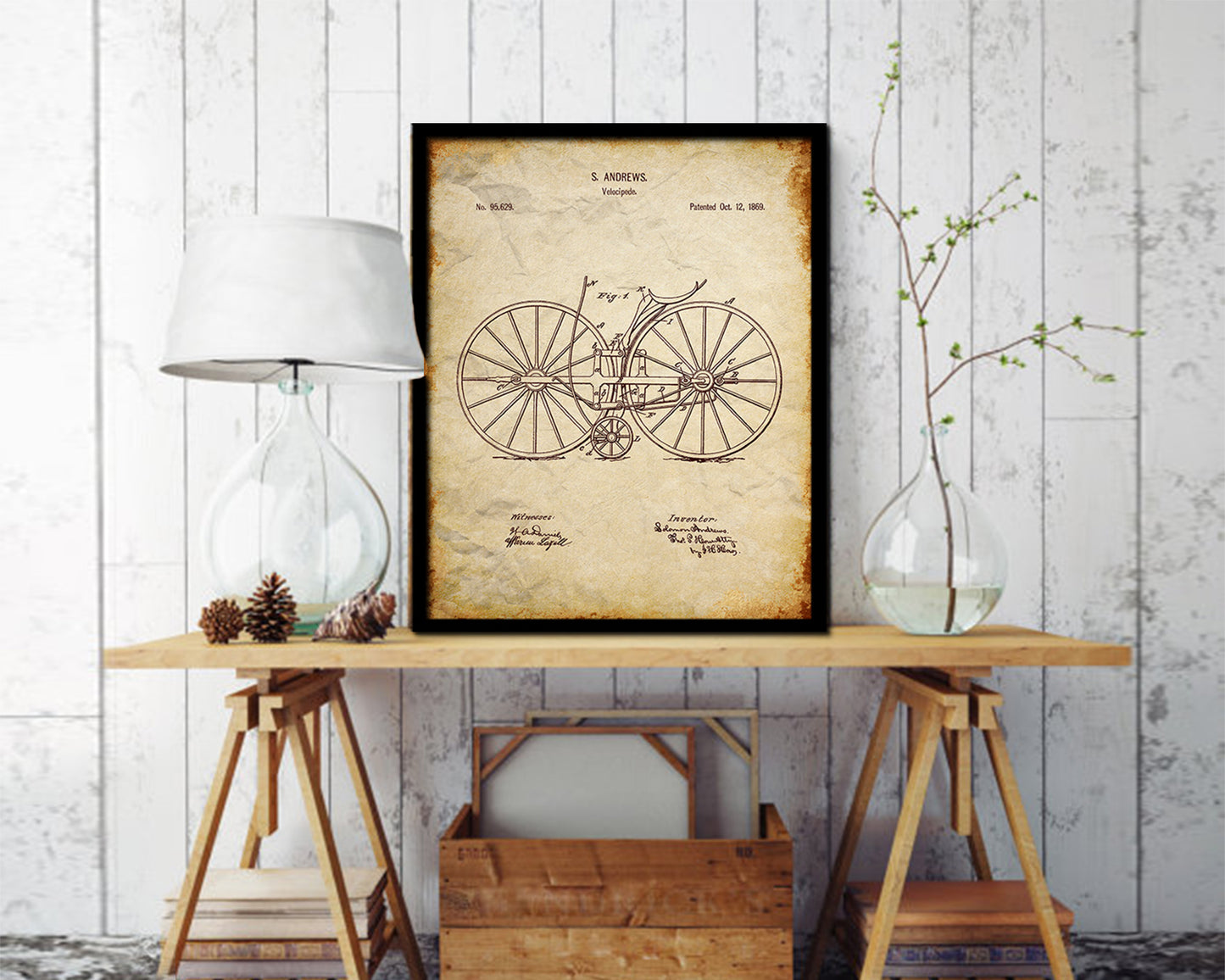 Velocipede Bicycle Vintage Patent Artwork Walnut Frame Print Wall Art Decor Gifts