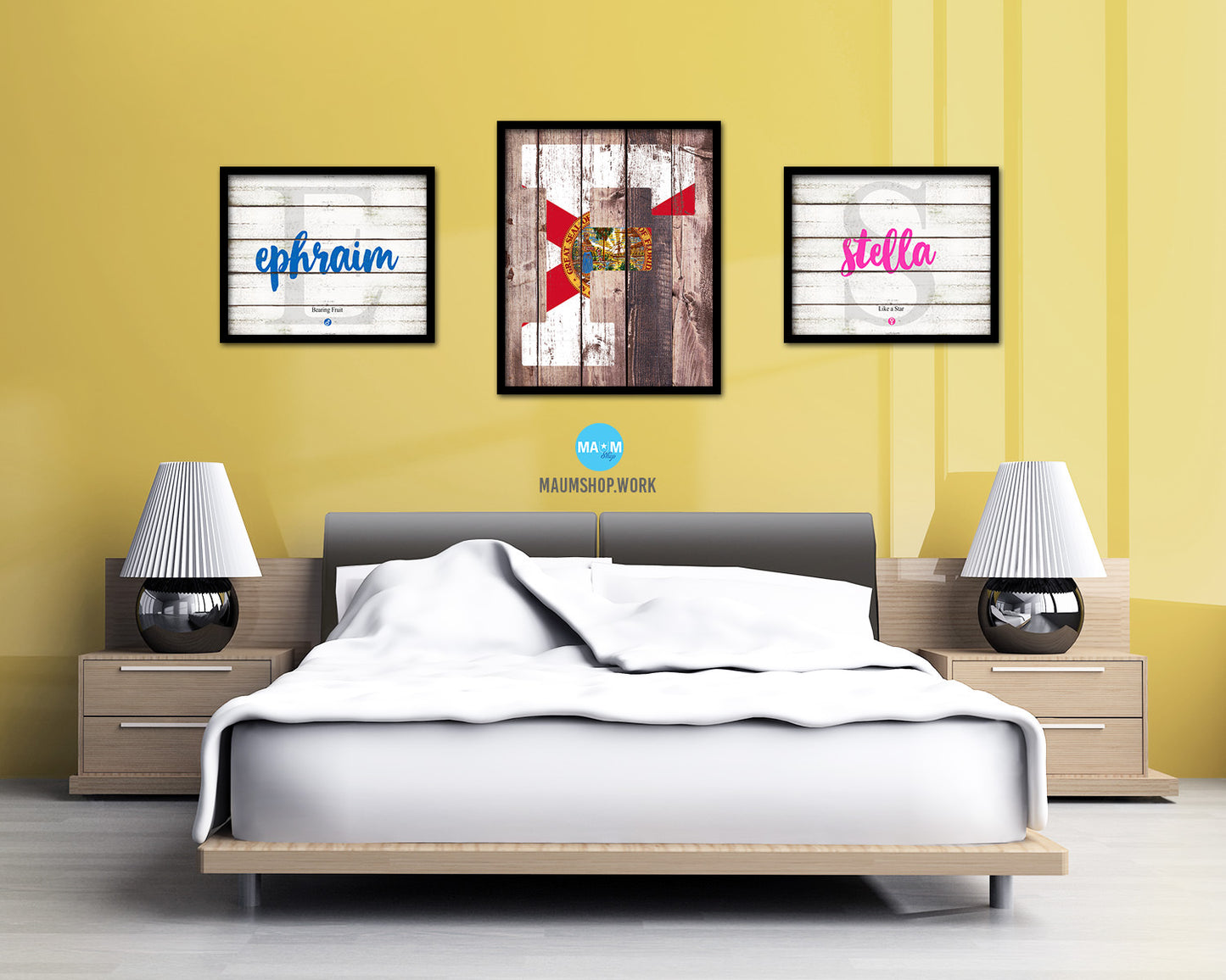 Florida State Initial Flag Wood Framed Paper Print Decor Wall Art Gifts, Wood