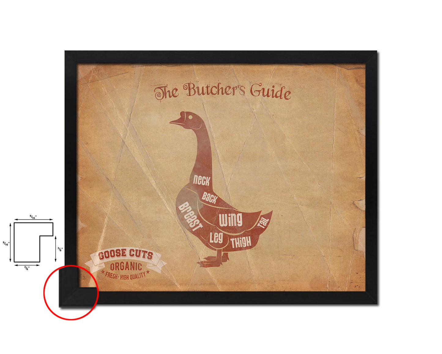 Goose  Meat Cuts Butchers Chart Wood Framed Paper Print Home Decor Wall Art Gifts