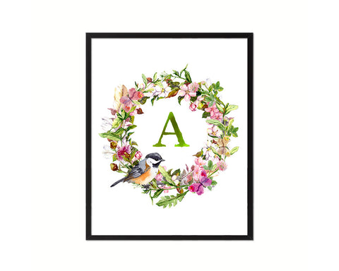 Letter A Floral Wreath Monogram Framed Print Wall Art Decor Gifts