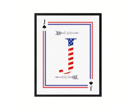 Letter J Custom Monogram Card Decks Spade American Flag Framed Print Wall Art Decor Gifts