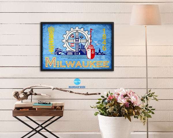 Milwaukee City Wisconsin State Vintage Flag Wood Framed Prints Decor Wall Art Gifts