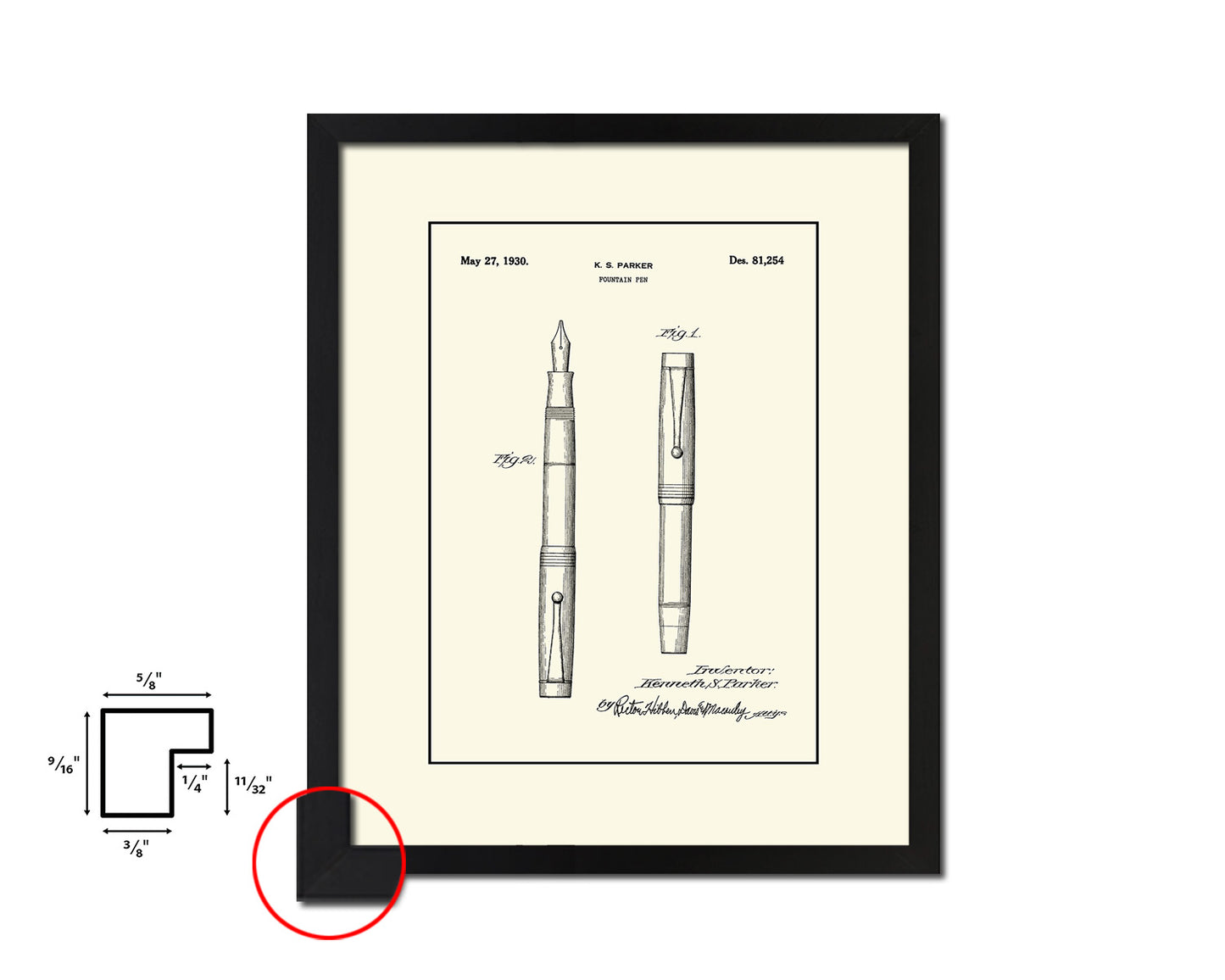 Fountain Pen Office Vintage Patent Artwork Black Frame Print Gifts