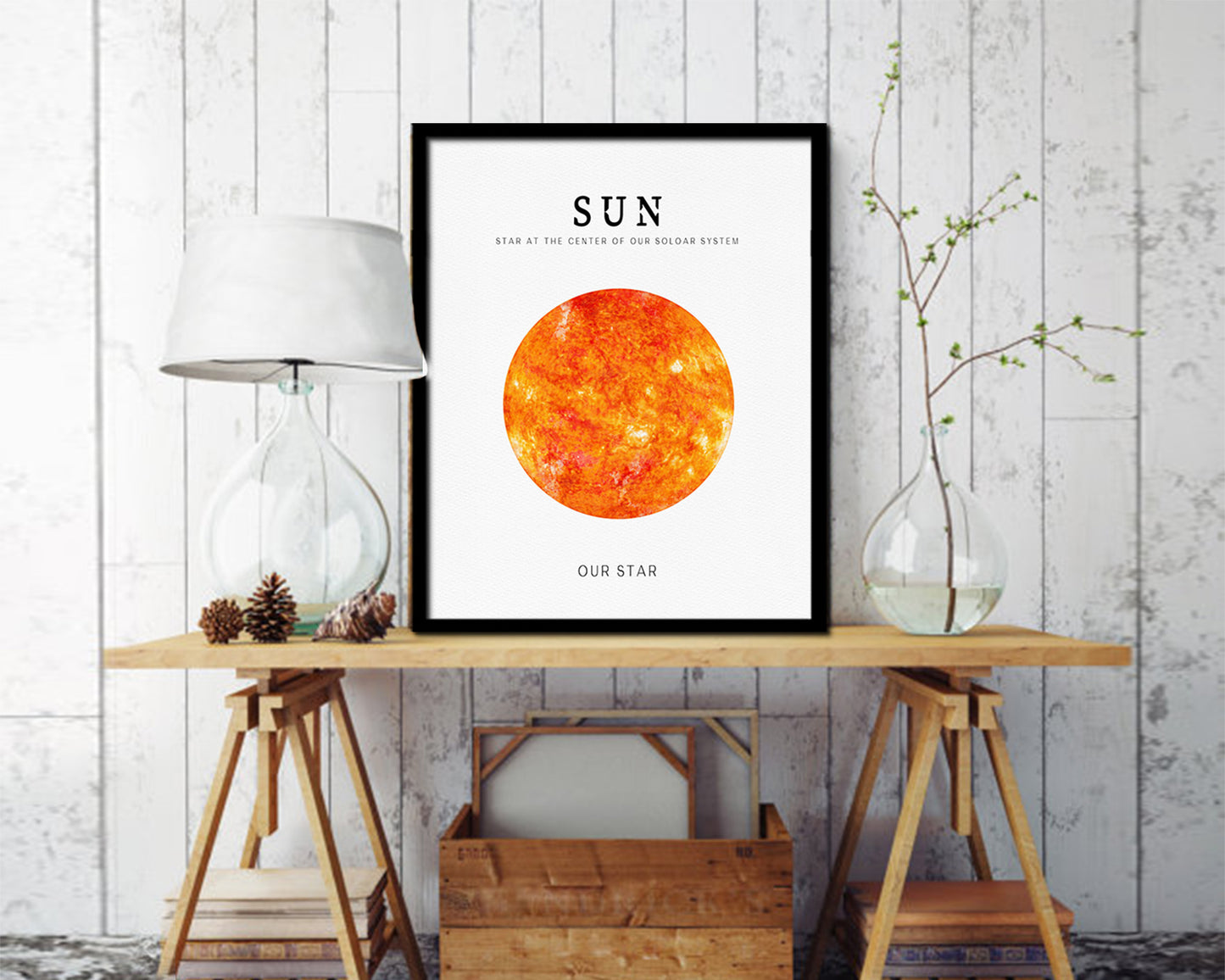 Sun Planet Prints Watercolor Solar System Wood Framed Paper Print Wall Art Decor Gifts