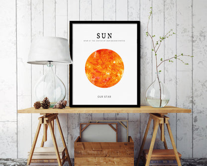 Sun Planet Prints Watercolor Solar System Wood Framed Paper Print Wall Art Decor Gifts