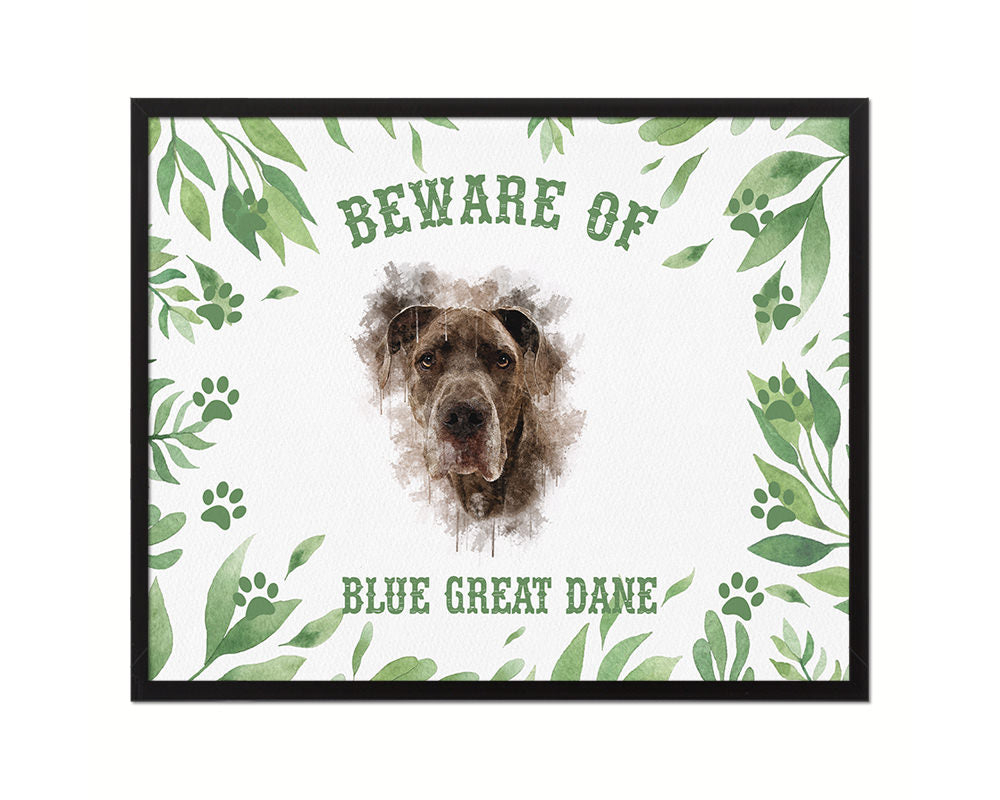 Beware of Blue Great Dane Sign Wood Framed Print Wall Art Decor Gifts
