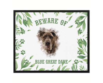 Beware of Blue Great Dane Sign Wood Framed Print Wall Art Decor Gifts
