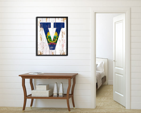 Vermont State Initial Flag Wood Framed Paper Print Decor Wall Art Gifts, Beach