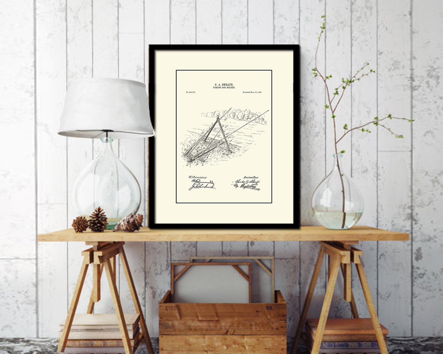 Rod Holder Fishing Vintage Patent Artwork Black Frame Print Wall Art Decor Gifts