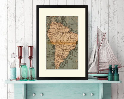 South America Old Map Wood Framed Print Art Wall Decor Gifts