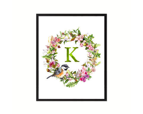 Letter K Floral Wreath Monogram Framed Print Wall Art Decor Gifts