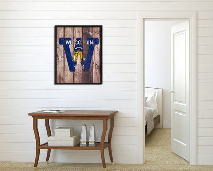 Wisconsin State Initial Flag Wood Framed Paper Print Decor Wall Art Gifts, Wood